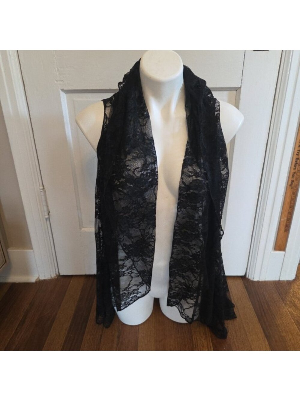 Black Lace Vest One Size Fits All Soft Open Front Shawl Dawls Sleeveless